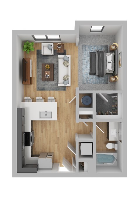 Floor plan for studio, 1 bath, 609 sqft